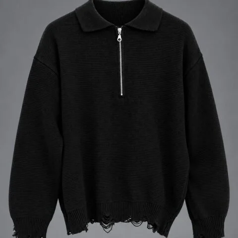 Maglione Polo Distressed Zip Black