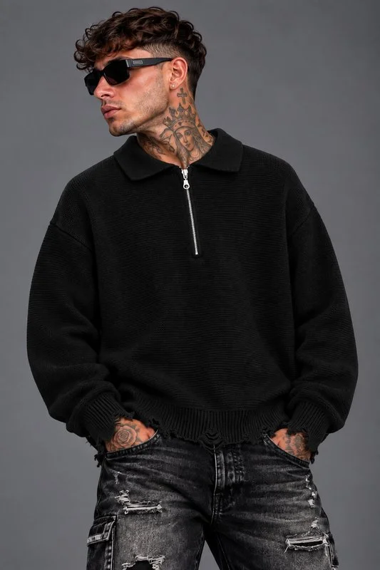 Maglione Polo Distressed Zip Black - Foto 2