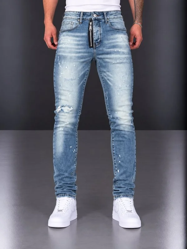 Jeans Slim Fit Denim Azzurro Sfumato con Zip e Strappi - Foto 1