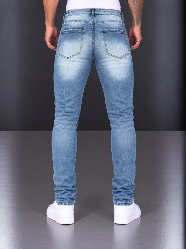 Jeans Slim Fit Denim Azzurro Sfumato con Zip e Strappi - Foto 2